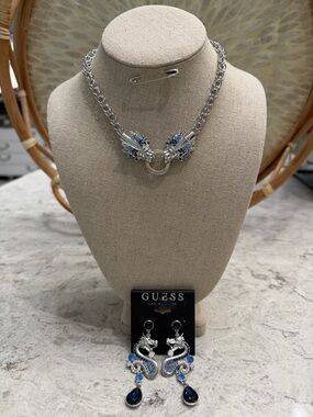 GUESS Brand Silvertone Necklace and Blue Crystal Dragon Earrings Set